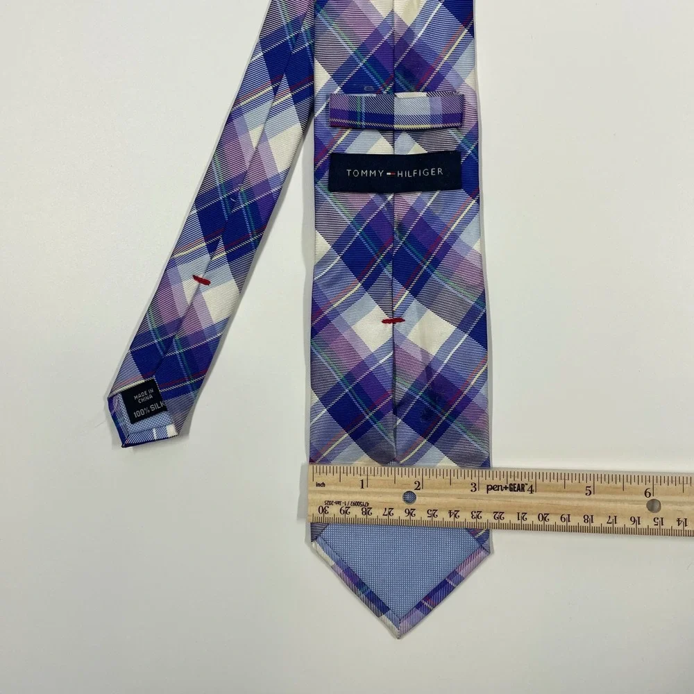 Tommy Hilfiger Purple Blue Plaid Silk Necktie Mens One Size